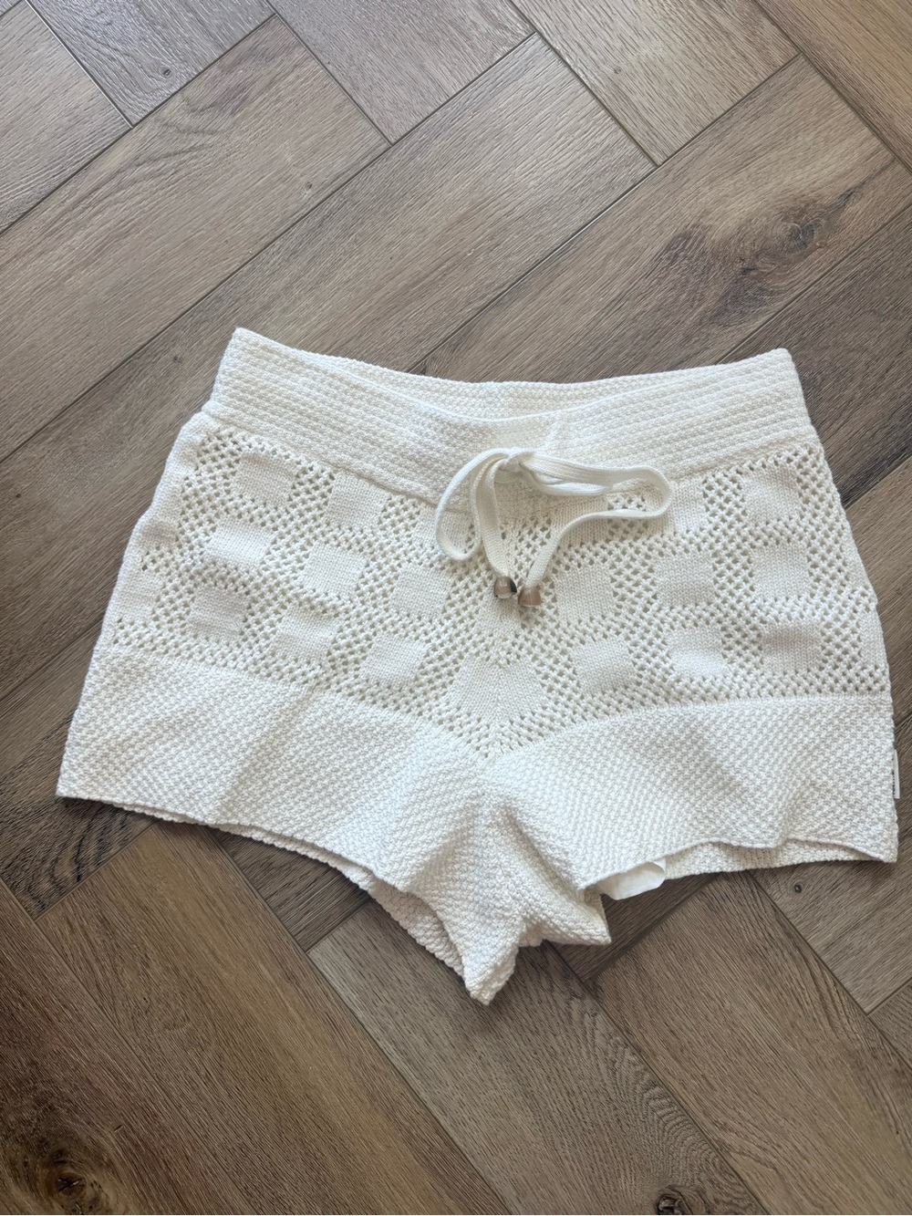 Zimmermann Cream Crochet Knit Drawstring Shorts